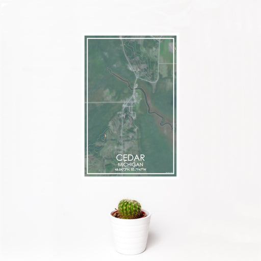 12x18 Cedar Michigan Map Print Portrait Orientation in Afternoon Style With Small Cactus Plant in White Planter