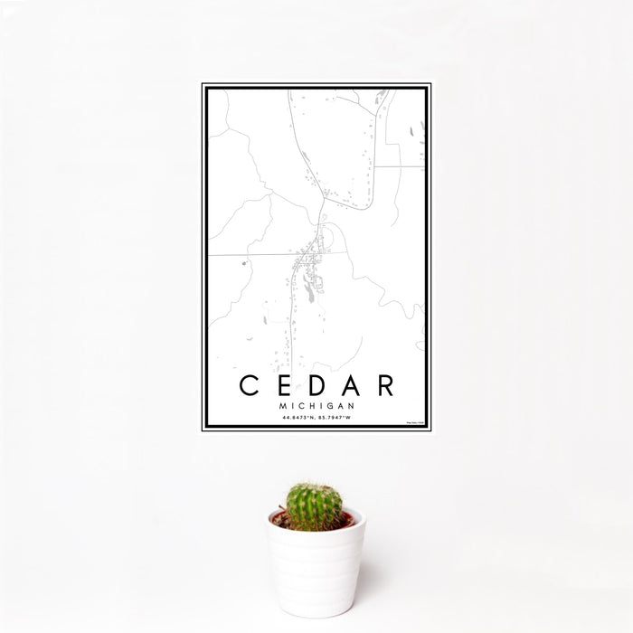 12x18 Cedar Michigan Map Print Portrait Orientation in Classic Style With Small Cactus Plant in White Planter