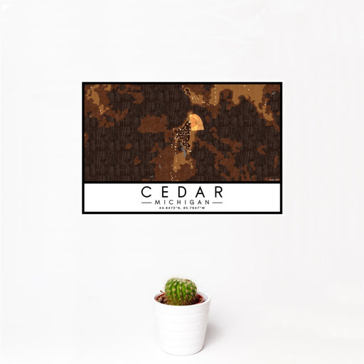 12x18 Cedar Michigan Map Print Landscape Orientation in Ember Style With Small Cactus Plant in White Planter