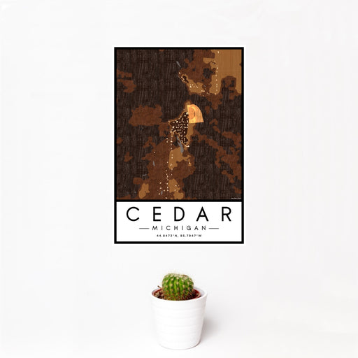 12x18 Cedar Michigan Map Print Portrait Orientation in Ember Style With Small Cactus Plant in White Planter
