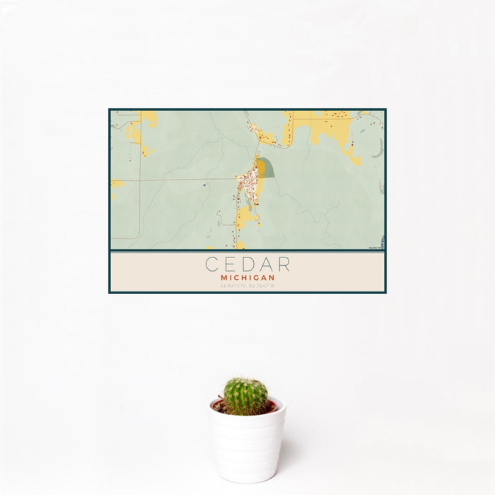 12x18 Cedar Michigan Map Print Landscape Orientation in Woodblock Style With Small Cactus Plant in White Planter