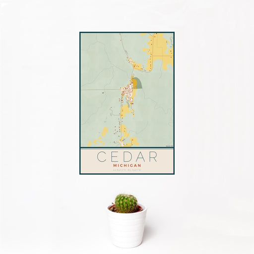 12x18 Cedar Michigan Map Print Portrait Orientation in Woodblock Style With Small Cactus Plant in White Planter
