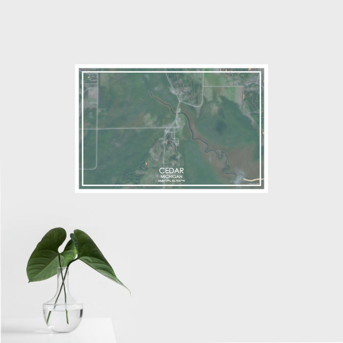 16x24 Cedar Michigan Map Print Landscape Orientation in Afternoon Style With Tropical Plant Leaves in Water