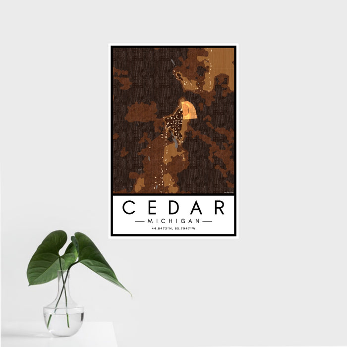 16x24 Cedar Michigan Map Print Portrait Orientation in Ember Style With Tropical Plant Leaves in Water