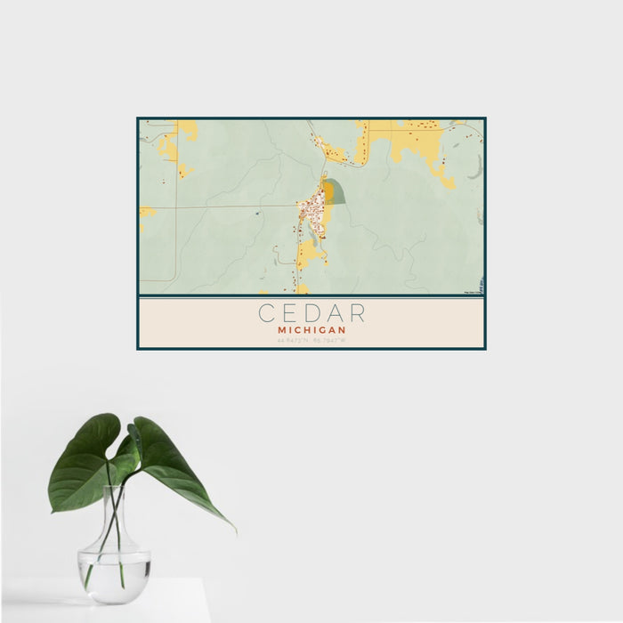 16x24 Cedar Michigan Map Print Landscape Orientation in Woodblock Style With Tropical Plant Leaves in Water
