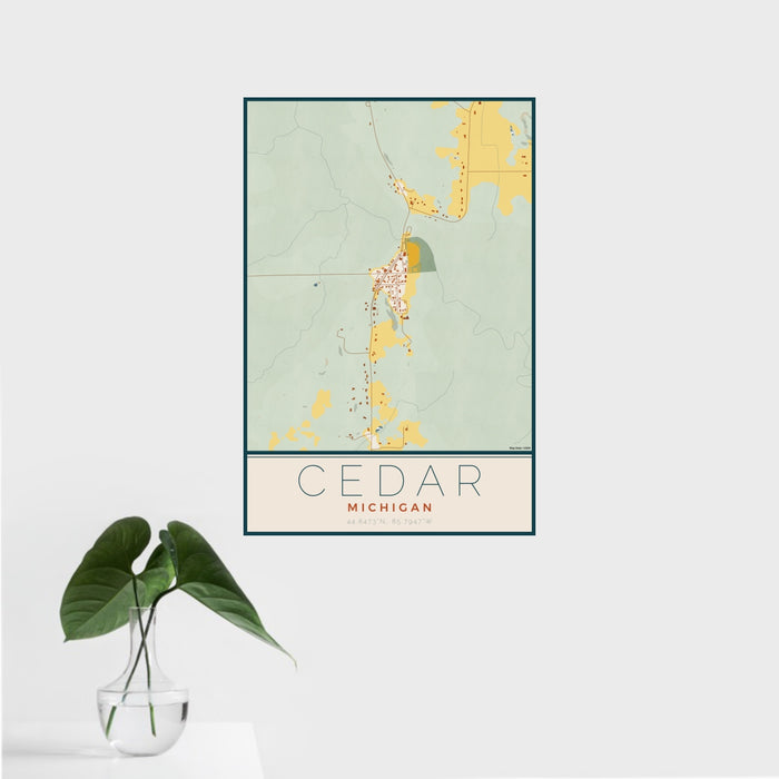 16x24 Cedar Michigan Map Print Portrait Orientation in Woodblock Style With Tropical Plant Leaves in Water