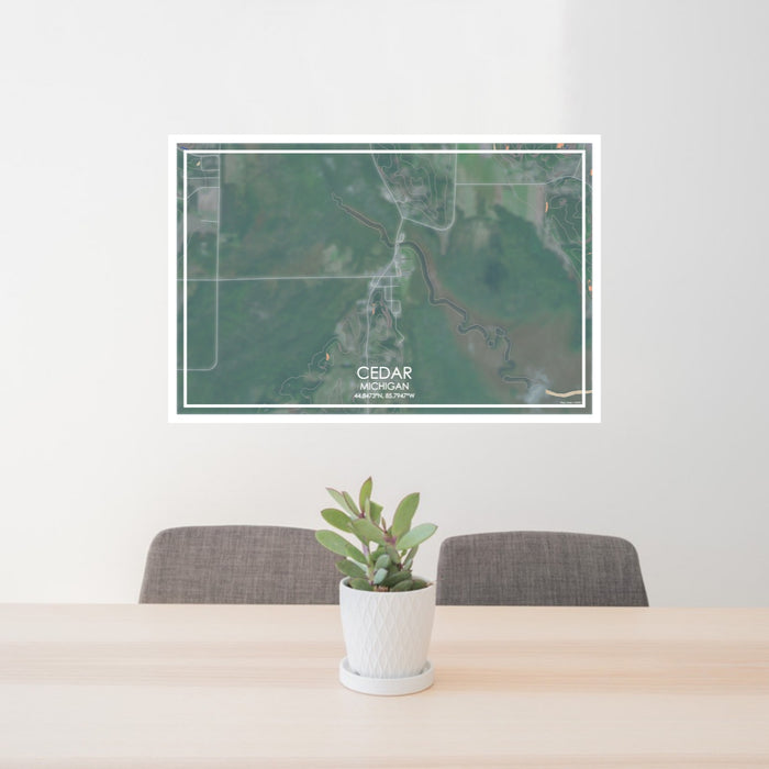 24x36 Cedar Michigan Map Print Lanscape Orientation in Afternoon Style Behind 2 Chairs Table and Potted Plant