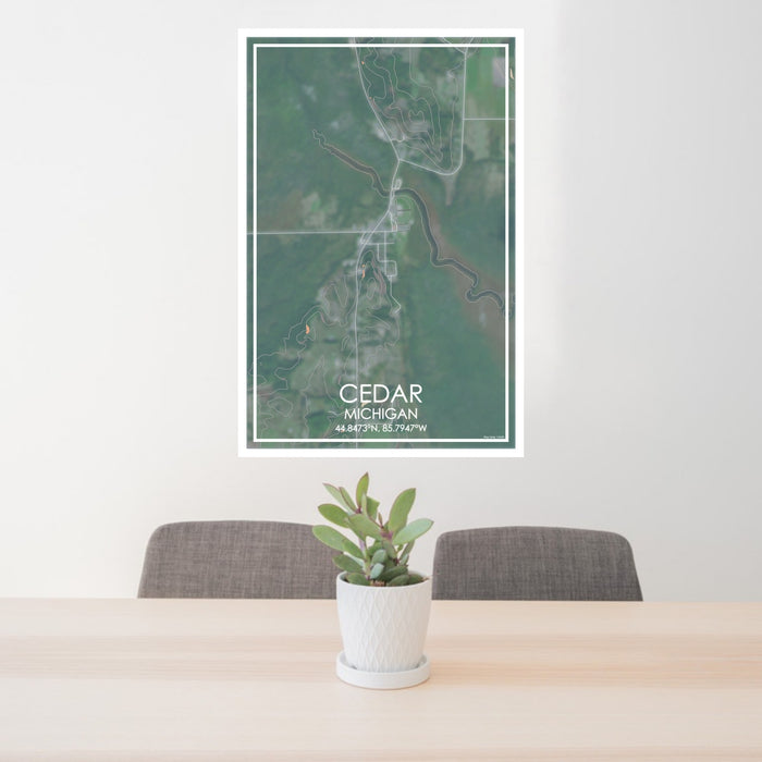 24x36 Cedar Michigan Map Print Portrait Orientation in Afternoon Style Behind 2 Chairs Table and Potted Plant
