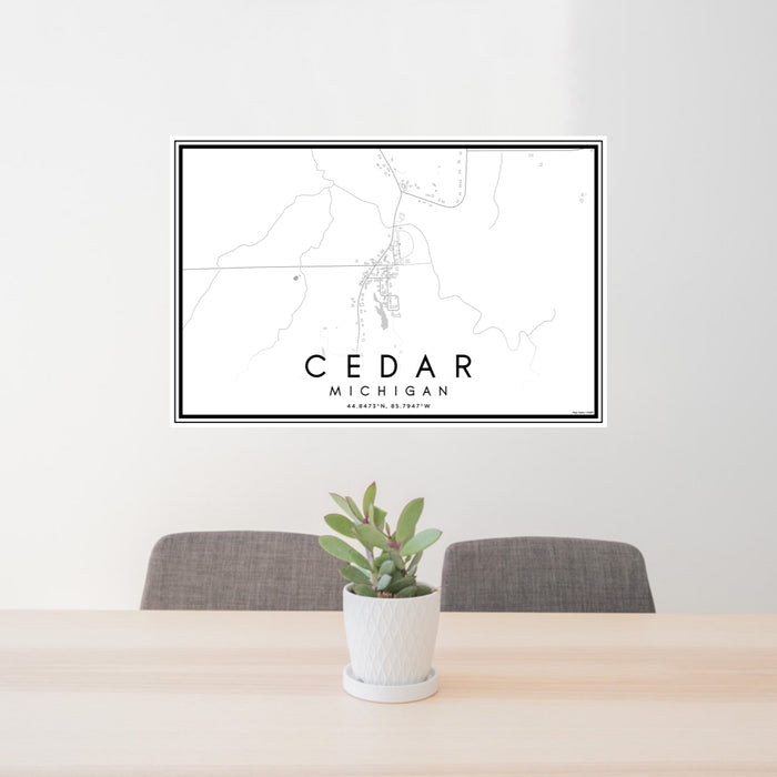 24x36 Cedar Michigan Map Print Lanscape Orientation in Classic Style Behind 2 Chairs Table and Potted Plant