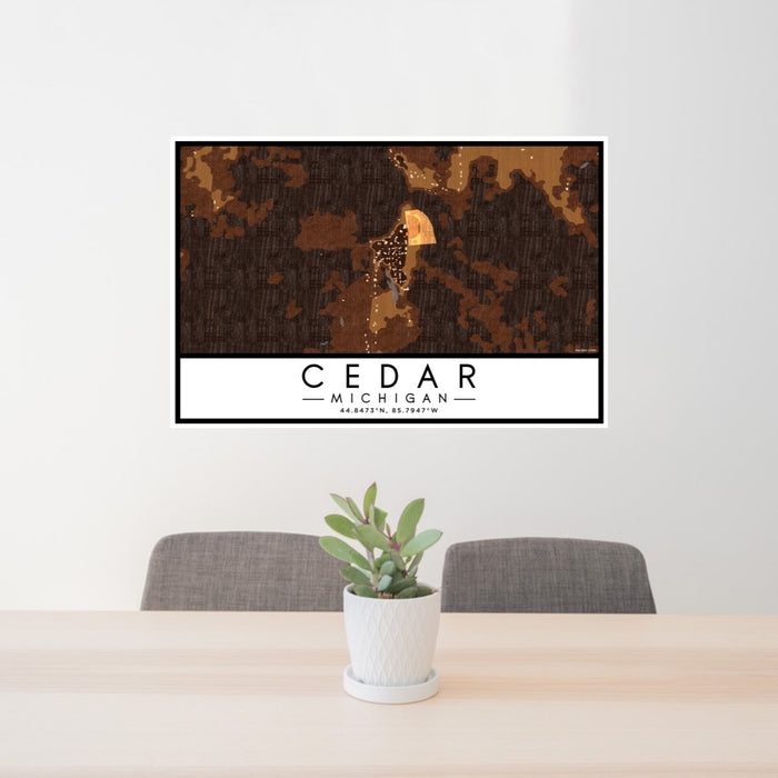24x36 Cedar Michigan Map Print Lanscape Orientation in Ember Style Behind 2 Chairs Table and Potted Plant