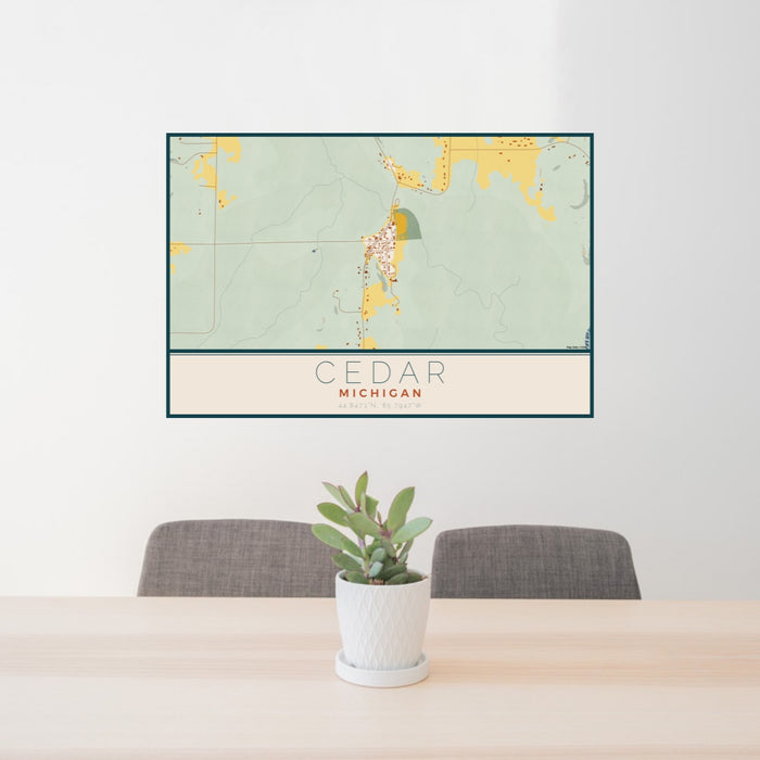 24x36 Cedar Michigan Map Print Lanscape Orientation in Woodblock Style Behind 2 Chairs Table and Potted Plant