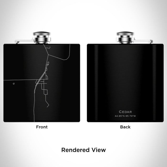Rendered View of Cedar Michigan Map Engraving on 6oz Stainless Steel Flask in Black