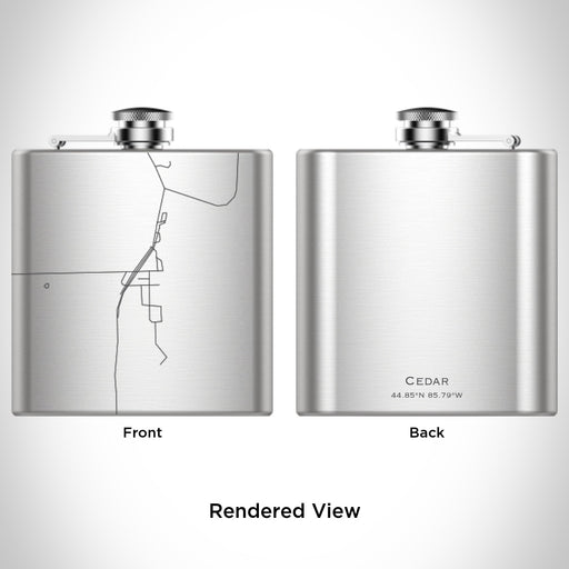 Rendered View of Cedar Michigan Map Engraving on 6oz Stainless Steel Flask