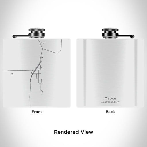 Rendered View of Cedar Michigan Map Engraving on 6oz Stainless Steel Flask in White