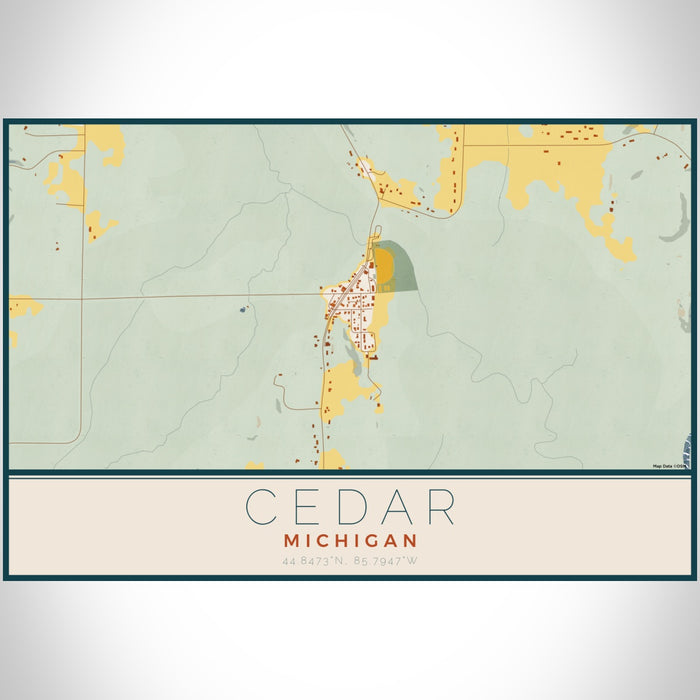 Cedar Michigan Map Print Landscape Orientation in Woodblock Style With Shaded Background