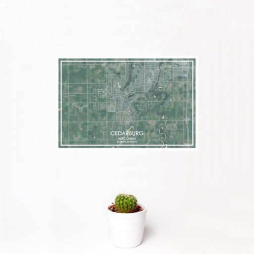 12x18 Cedarburg Wisconsin Map Print Landscape Orientation in Afternoon Style With Small Cactus Plant in White Planter