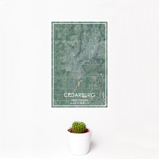 12x18 Cedarburg Wisconsin Map Print Portrait Orientation in Afternoon Style With Small Cactus Plant in White Planter