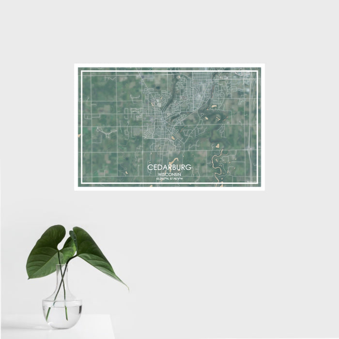 16x24 Cedarburg Wisconsin Map Print Landscape Orientation in Afternoon Style With Tropical Plant Leaves in Water