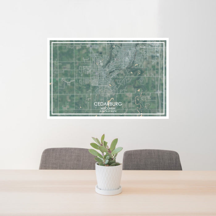 24x36 Cedarburg Wisconsin Map Print Lanscape Orientation in Afternoon Style Behind 2 Chairs Table and Potted Plant