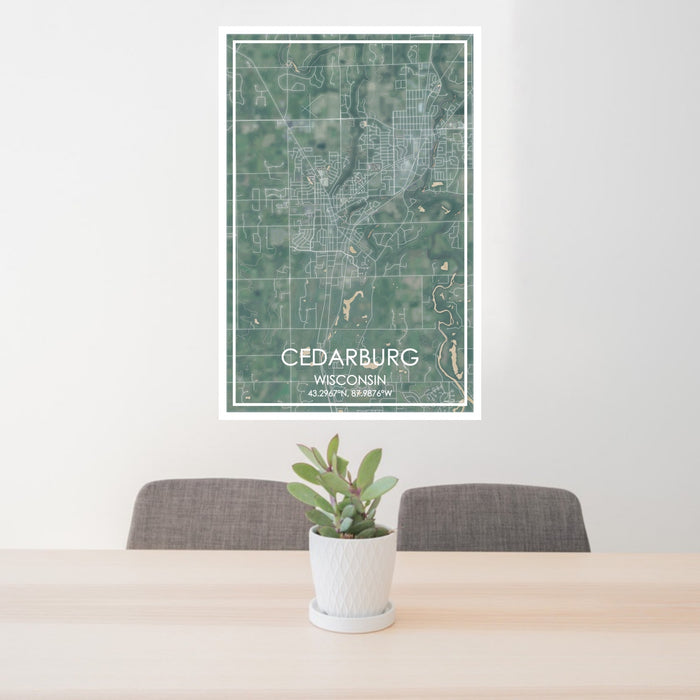 24x36 Cedarburg Wisconsin Map Print Portrait Orientation in Afternoon Style Behind 2 Chairs Table and Potted Plant