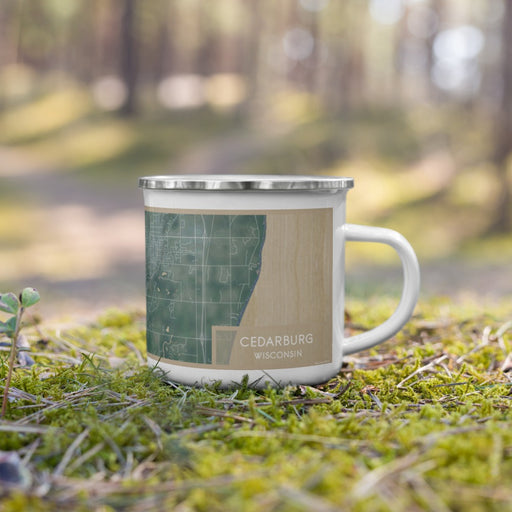 Right View Custom Cedarburg Wisconsin Map Enamel Mug in Afternoon on Grass With Trees in Background