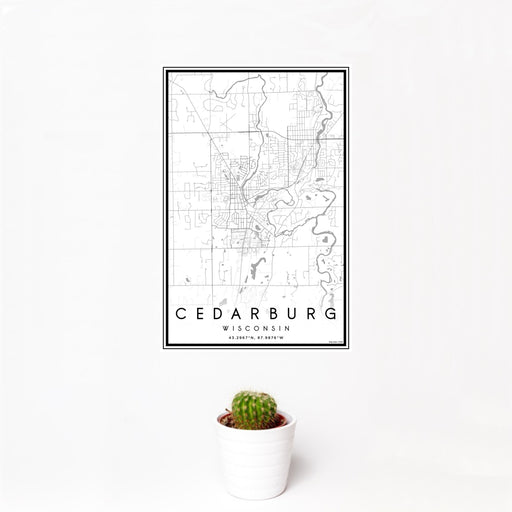 12x18 Cedarburg Wisconsin Map Print Portrait Orientation in Classic Style With Small Cactus Plant in White Planter