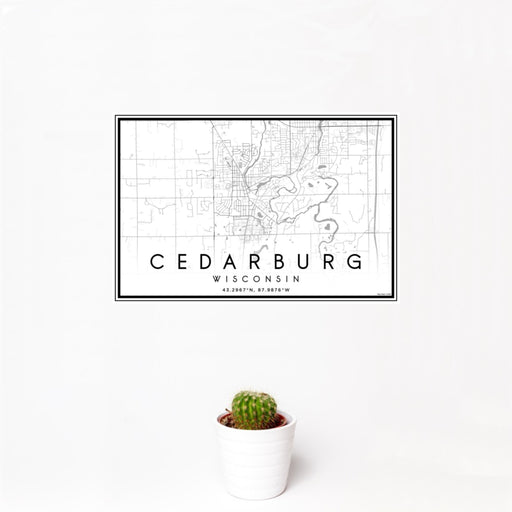 12x18 Cedarburg Wisconsin Map Print Landscape Orientation in Classic Style With Small Cactus Plant in White Planter