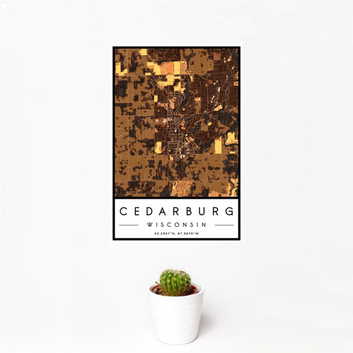 12x18 Cedarburg Wisconsin Map Print Portrait Orientation in Ember Style With Small Cactus Plant in White Planter