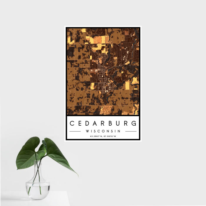 16x24 Cedarburg Wisconsin Map Print Portrait Orientation in Ember Style With Tropical Plant Leaves in Water