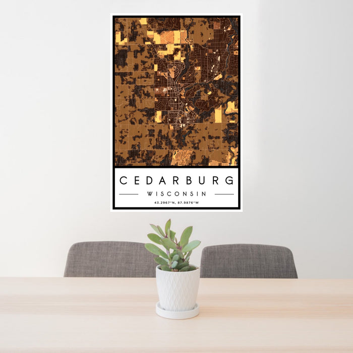 24x36 Cedarburg Wisconsin Map Print Portrait Orientation in Ember Style Behind 2 Chairs Table and Potted Plant