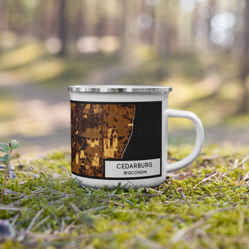Right View Custom Cedarburg Wisconsin Map Enamel Mug in Ember on Grass With Trees in Background