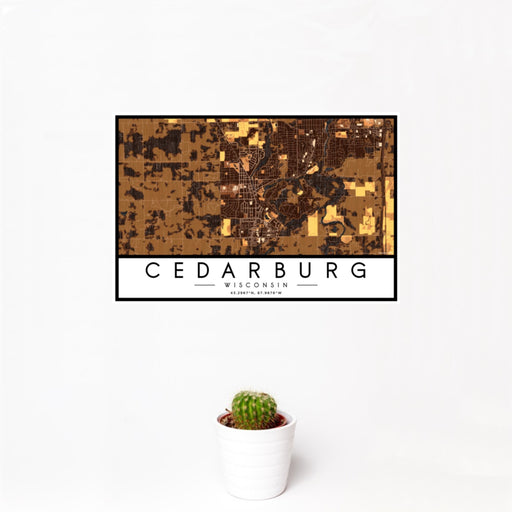 12x18 Cedarburg Wisconsin Map Print Landscape Orientation in Ember Style With Small Cactus Plant in White Planter
