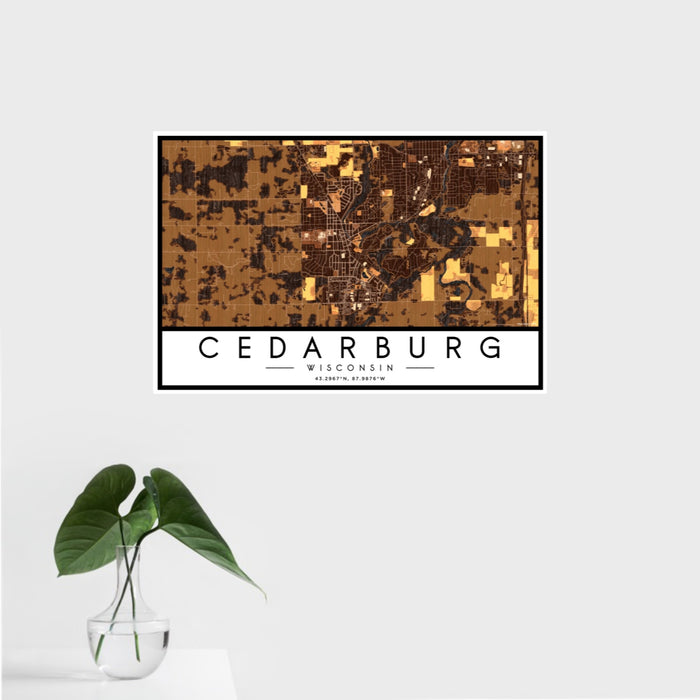 16x24 Cedarburg Wisconsin Map Print Landscape Orientation in Ember Style With Tropical Plant Leaves in Water