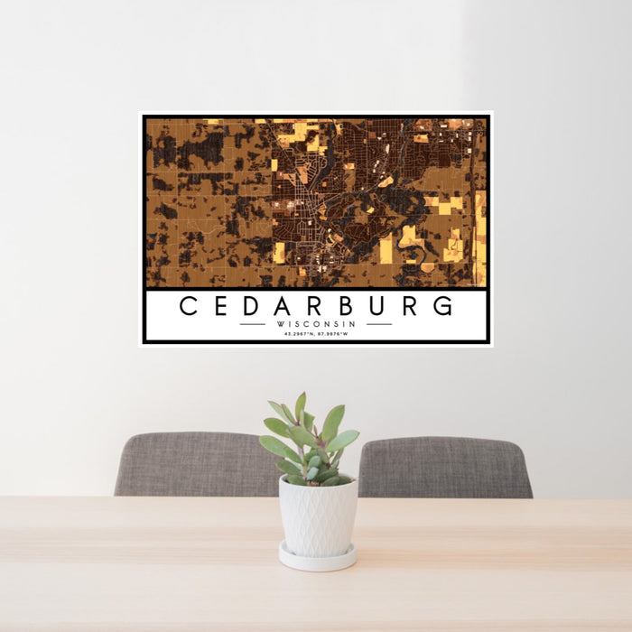 24x36 Cedarburg Wisconsin Map Print Landscape Orientation in Ember Style Behind 2 Chairs Table and Potted Plant