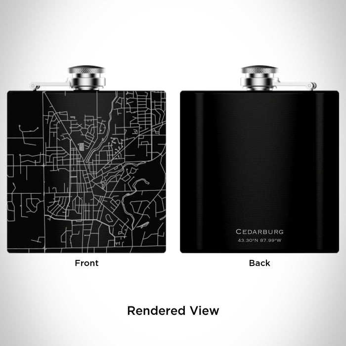 Rendered View of Cedarburg Wisconsin Map Engraving on 6oz Stainless Steel Flask in Black