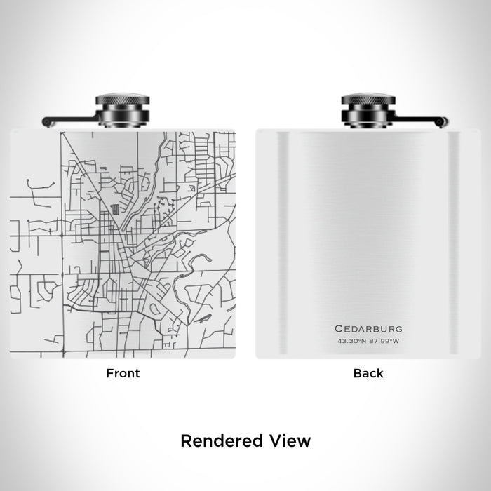 Rendered View of Cedarburg Wisconsin Map Engraving on 6oz Stainless Steel Flask in White