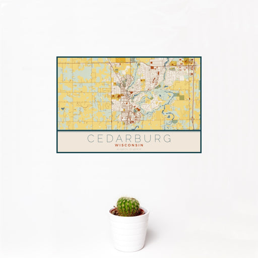 12x18 Cedarburg Wisconsin Map Print Landscape Orientation in Woodblock Style With Small Cactus Plant in White Planter
