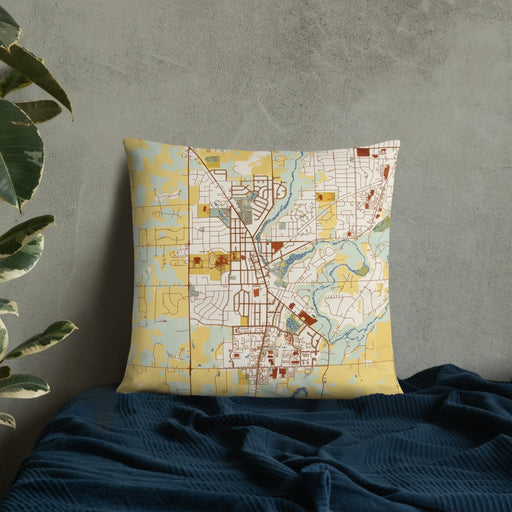 Custom Cedarburg Wisconsin Map Throw Pillow in Woodblock on Bedding Against Wall