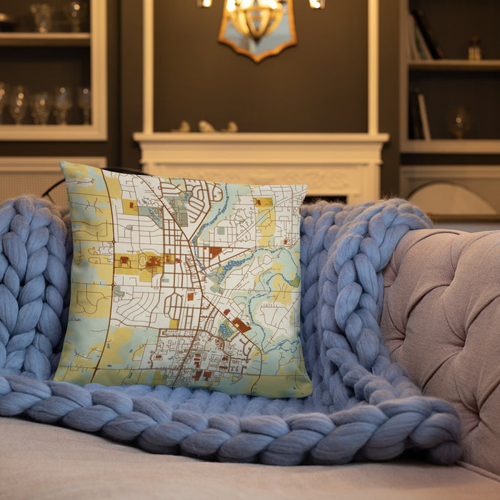Custom Cedarburg Wisconsin Map Throw Pillow in Woodblock on Cream Colored Couch