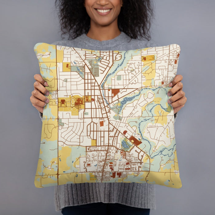 Person holding 18x18 Custom Cedarburg Wisconsin Map Throw Pillow in Woodblock