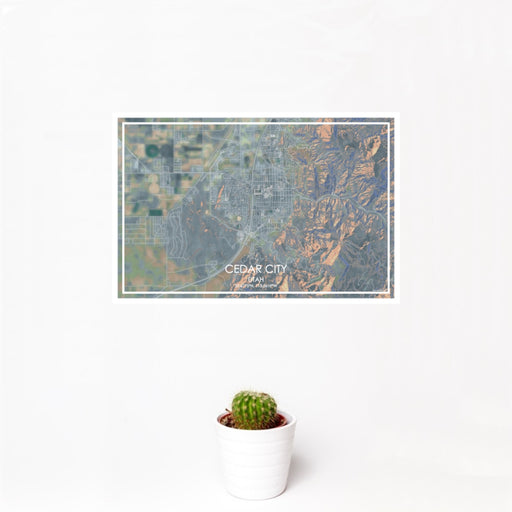 12x18 Cedar City Utah Map Print Landscape Orientation in Afternoon Style With Small Cactus Plant in White Planter