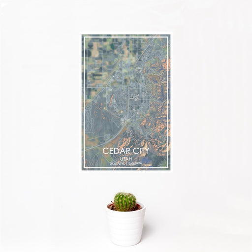 12x18 Cedar City Utah Map Print Portrait Orientation in Afternoon Style With Small Cactus Plant in White Planter