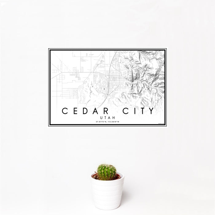 12x18 Cedar City Utah Map Print Landscape Orientation in Classic Style With Small Cactus Plant in White Planter
