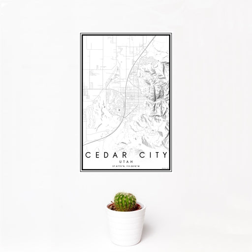 12x18 Cedar City Utah Map Print Portrait Orientation in Classic Style With Small Cactus Plant in White Planter