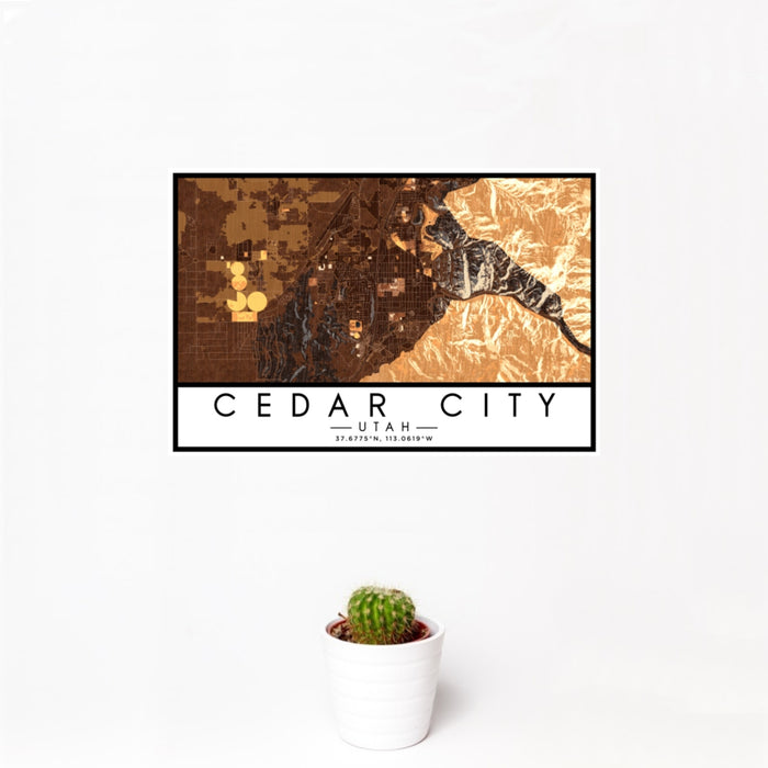 12x18 Cedar City Utah Map Print Landscape Orientation in Ember Style With Small Cactus Plant in White Planter