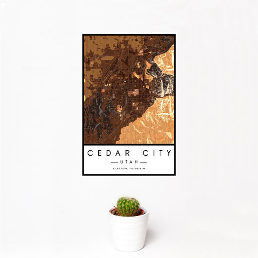 12x18 Cedar City Utah Map Print Portrait Orientation in Ember Style With Small Cactus Plant in White Planter
