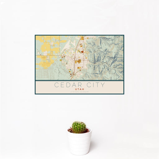 12x18 Cedar City Utah Map Print Landscape Orientation in Woodblock Style With Small Cactus Plant in White Planter