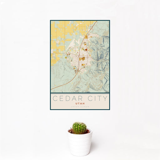 12x18 Cedar City Utah Map Print Portrait Orientation in Woodblock Style With Small Cactus Plant in White Planter