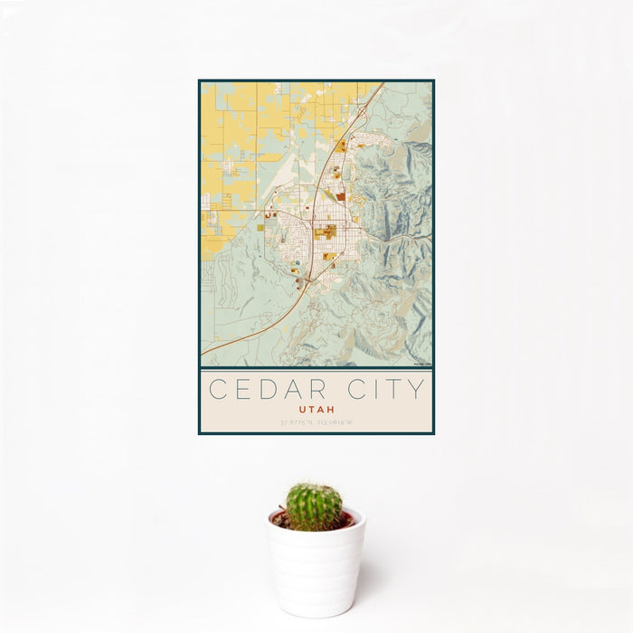 12x18 Cedar City Utah Map Print Portrait Orientation in Woodblock Style With Small Cactus Plant in White Planter