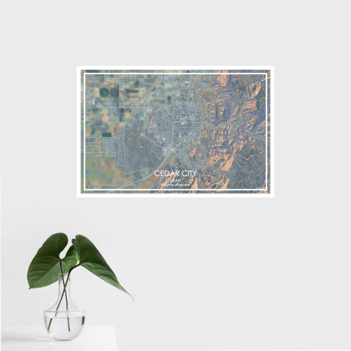 16x24 Cedar City Utah Map Print Landscape Orientation in Afternoon Style With Tropical Plant Leaves in Water